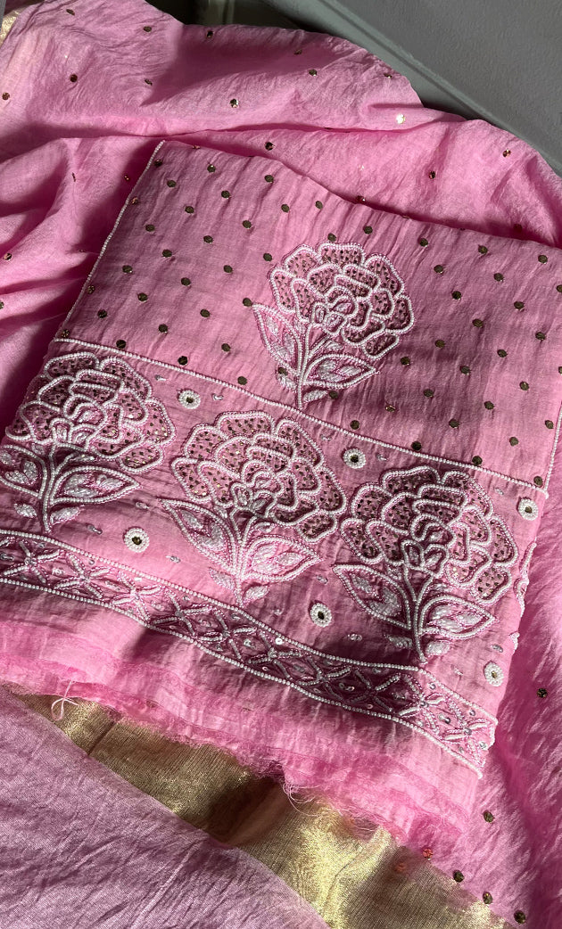 Women's Lakhnavi Handcrafted Mul Chanderi Unstitched Kurta And Dupatta Set- HONC0308279