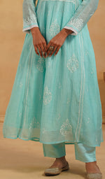 Load image into Gallery viewer, Women's Lakhnavi Handcrafted Mul Chanderi Chikankari Stitched Kurta, Dupatta And Pant Set - HONC0824547