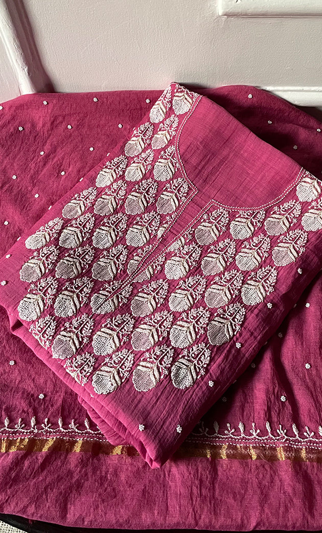 Jazba Women's Lakhnavi Handcrafted Mul Chanderi UnStitched Kurta And Dupatta Set - HONC0318608