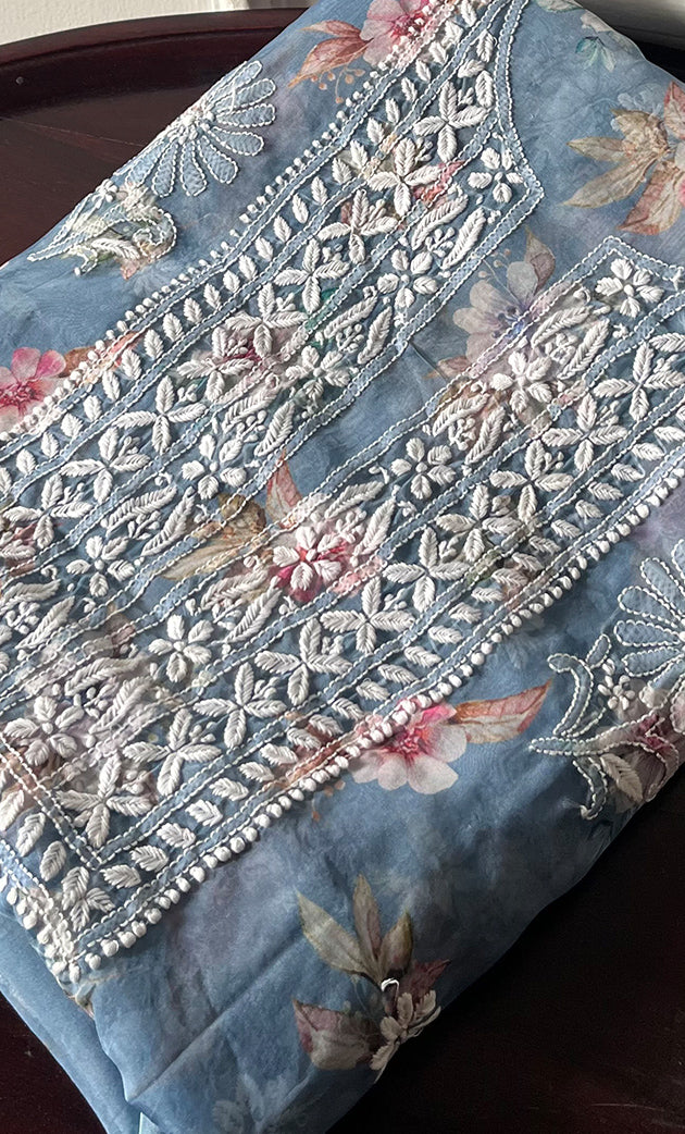 Disha Women's Lakhnavi Handcrafted Organza Chikankari Unstitched Kurti Fabric - HONC0332154