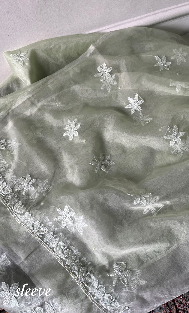 Women's Lakhnavi Handcrafted Organza Chikankari Unstitched Full Suit Material - HONC0258373