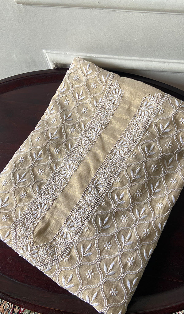 Lucknowi Handcrafted Tissue Chanderi Chikankari Unstitched Unisex Kurta Fabric - HONC0338778