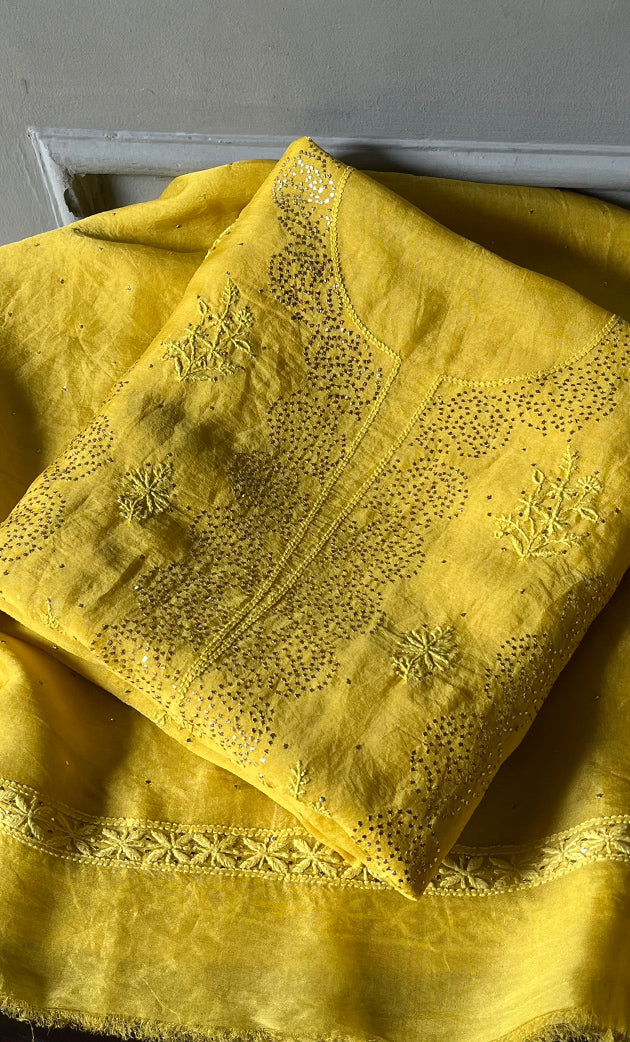 Shaimya Women's Lakhnavi Handcrafted Pure Organza Chikankari Unstitched Kurta And Dupatta Set- HONC0304140