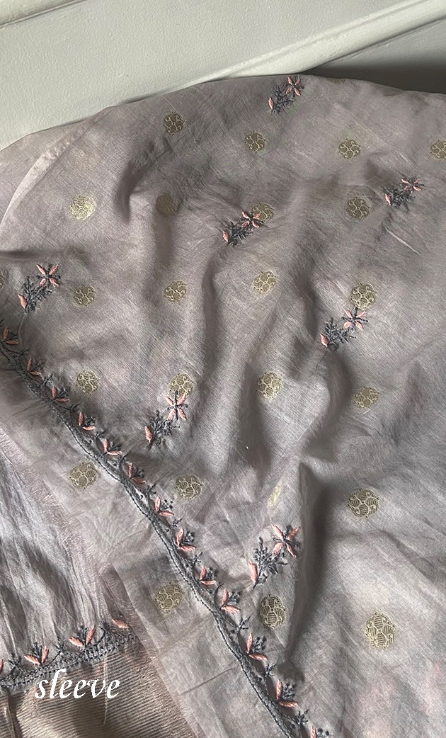 Women's Lakhnavi Handcrafted Mul Chanderi Unstitched Chikankari Full Suit Material - HONC0316861