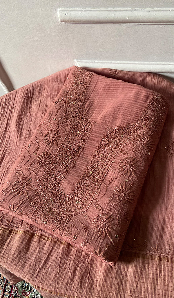Women's Lakhnavi Handcrafted Maheswari Mul Chanderi Unstitched Chikankari Full Suit Material - HONC0278101