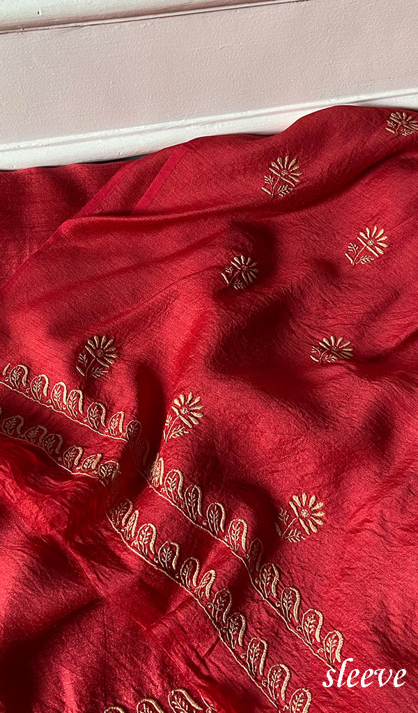 Women's Lakhnavi Handcrafted Unstitched Munga Silk Chikankari Kurta And Dupatta Set- HONC0357038