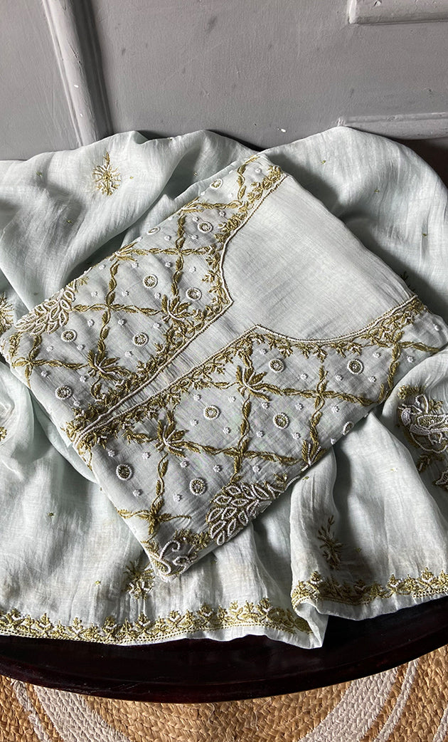 Women's Lakhnavi Handcrafted Mul Chanderi Unstitched Kurta And Dupatta Set- HONC0312985