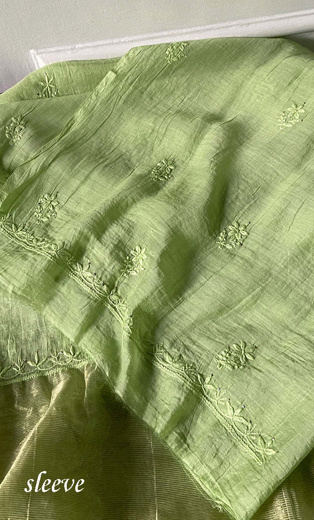 Women's Lakhnavi Handcrafted Mul Chanderi Unstitched Chikankari Full Suit Material - HONC0324498