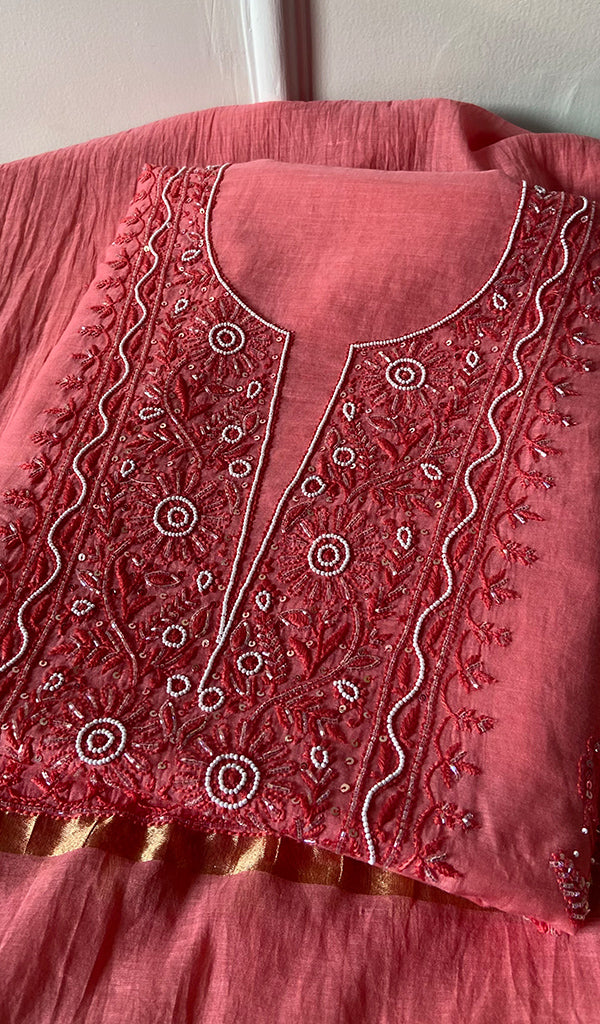 Women's Lucknowi Handcrafted Mul Chanderi Chikankari Full Suit Material - HONC0260945
