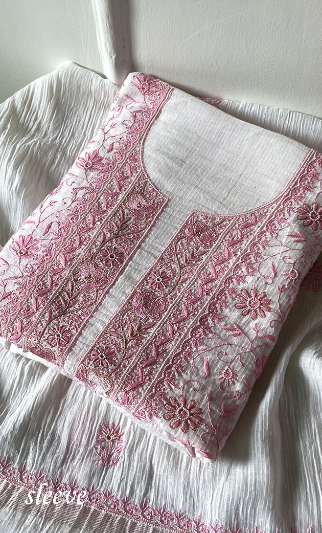 Women's Lakhnavi Handcrafted Maheshwari Mul Chanderi Unstitched Kurta And Dupatta Set- HONC0312961