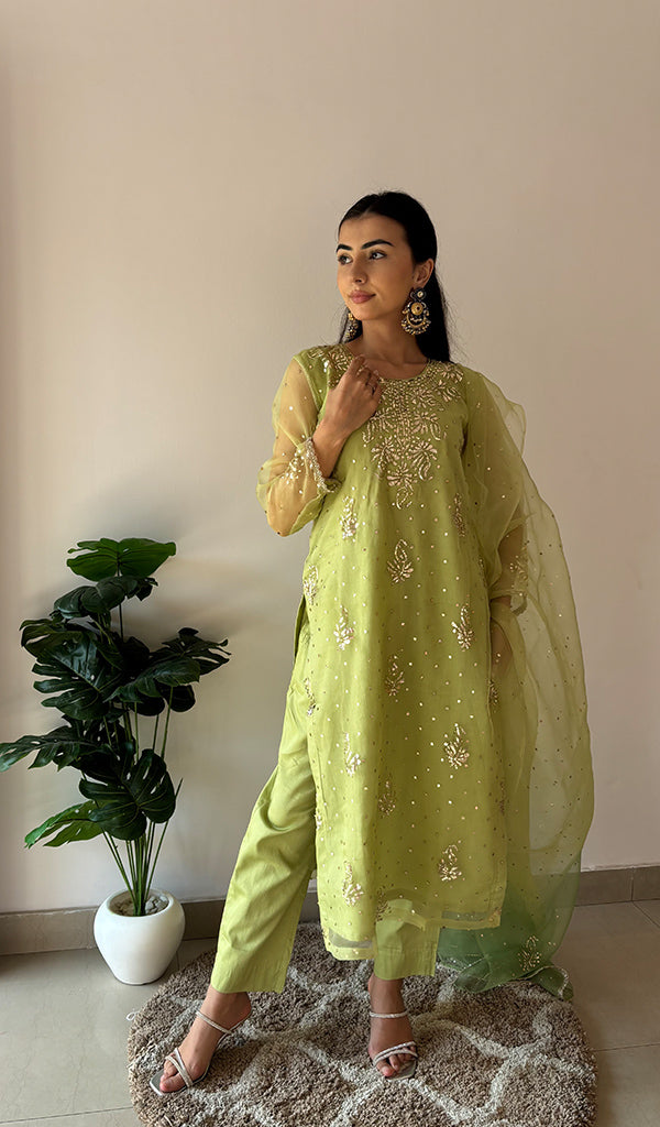 Women's Lucknowi Handcrafted Pure Organza Silk Stitched Chikankari Kurta, Dupatta With Pant Set- HONC0368444