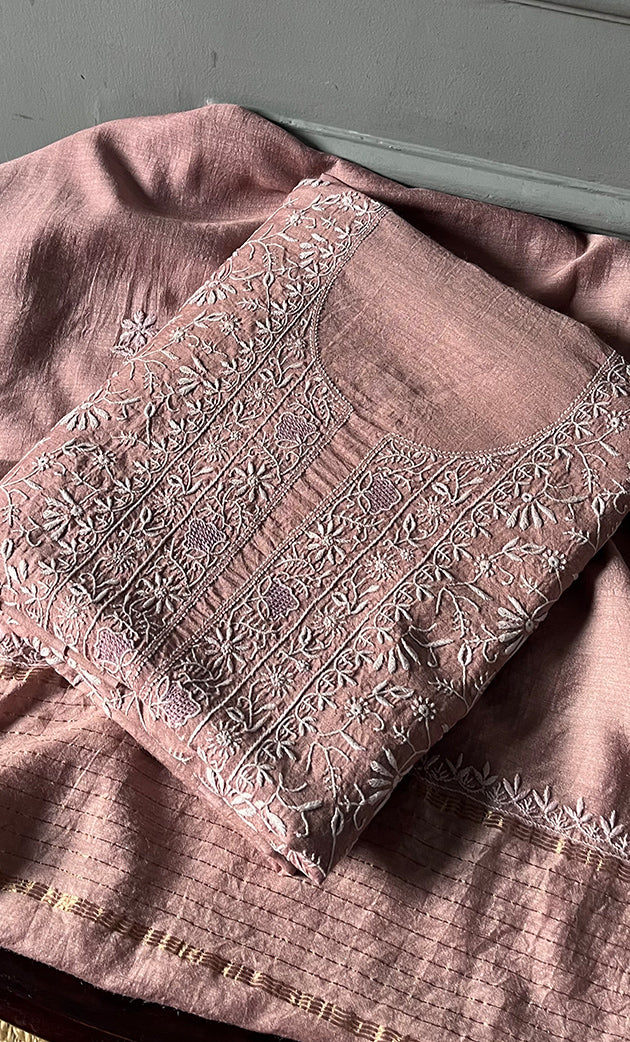 Women's Lakhnavi Handcrafted Munga Silk Chikankari Kurta And Dupatta Set- HONC0285378
