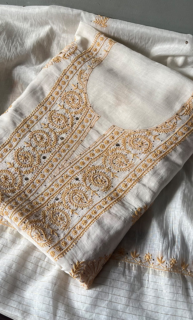 Women's Lakhnavi Handcrafted Mul Chanderi Unstitched Kurta And Dupatta Set- HONC0263957