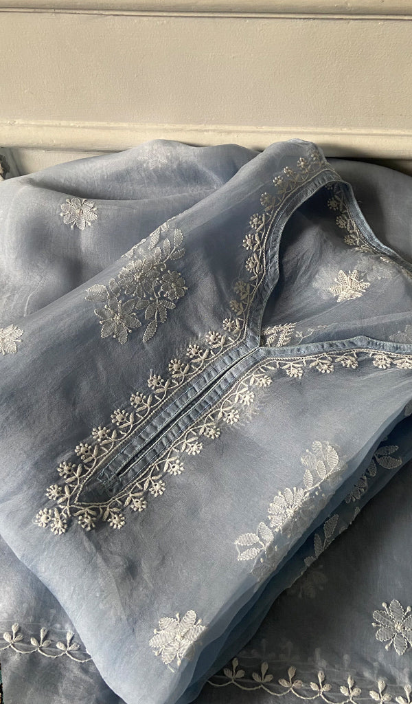 Women's Lakhnavi Handcrafted Pure Organza Chikankari Semi stitched Kurta And Dupatta Set- HONC0348612