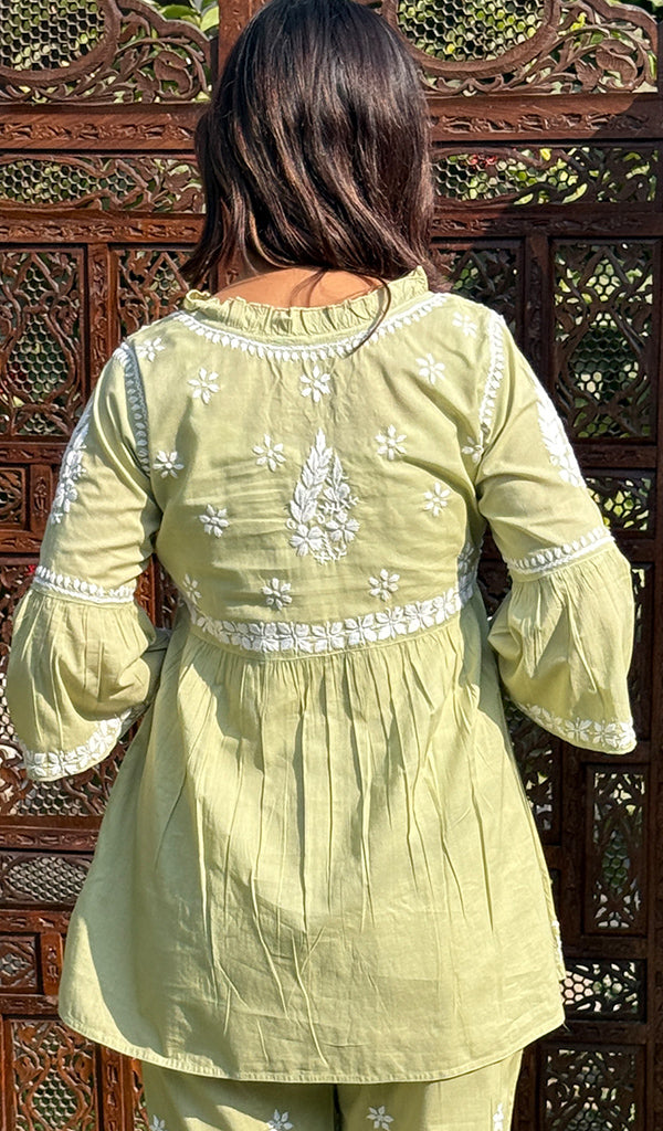 Women's Lakhnavi Handcrafted Cotton Chikankari Kurta And Afghani pant Set - HONC0268726
