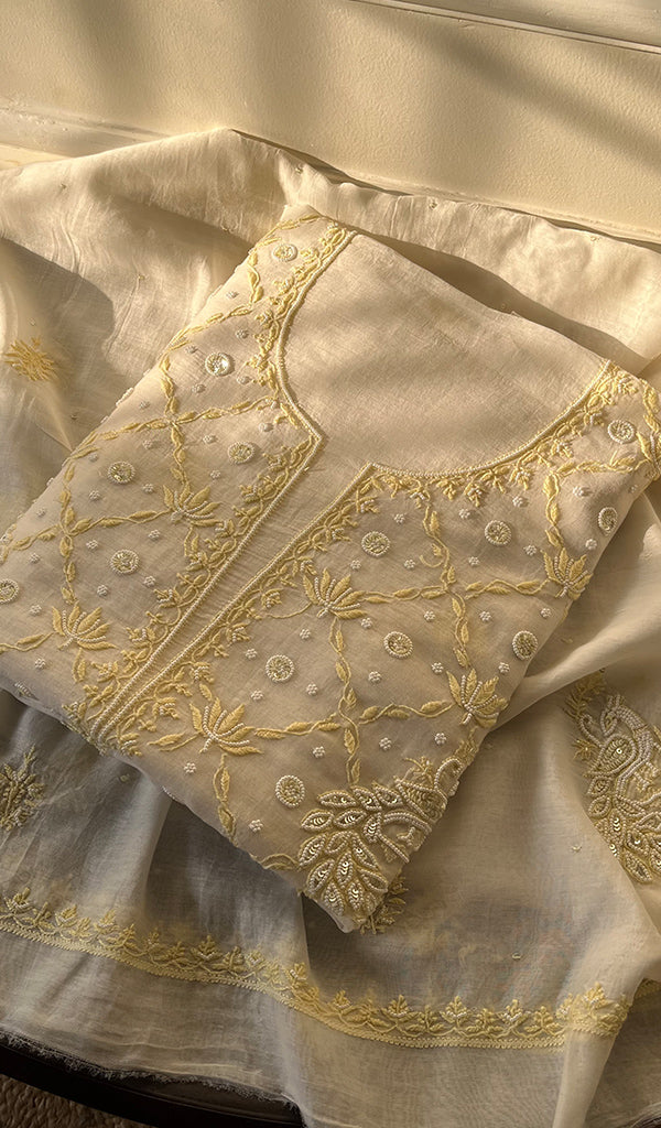 Women's Lakhnavi Handcrafted Mul Chanderi Unstitched Kurta And Dupatta Set - HONC0295587
