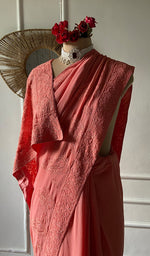 Load image into Gallery viewer, Women's Lakhnavi Handcrafted Pure Silk Georgette Chikankari Saree - HONC0309585