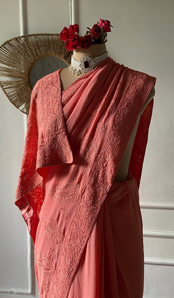 Women's Lakhnavi Handcrafted Pure Silk Georgette Chikankari Saree - HONC0309585