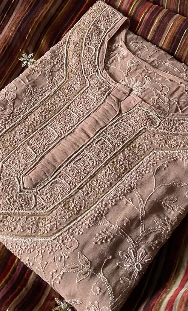 Women's Lakhnavi Handcrafted Pure Silk Georgette Semi - Stitched Chikankari Kurta And Dupatta Set - HONC0302217