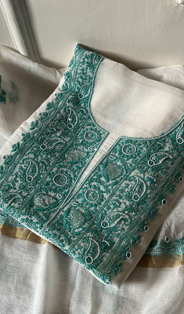 Women's Lakhnavi Handcrafted Mul Chanderi Unstitched Kurta And Dupatta Set - HONCO278136