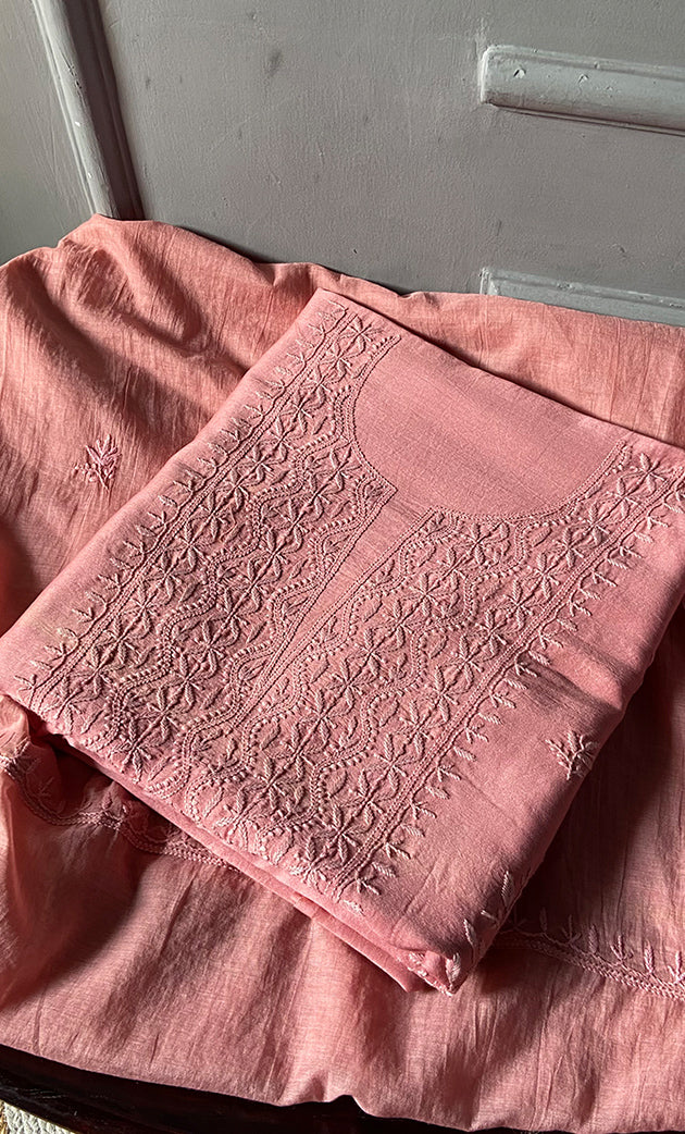 Women's Lucknowi Handcrafted Chanderi Silk Chikankari Full Suit Material - HONC0264097
