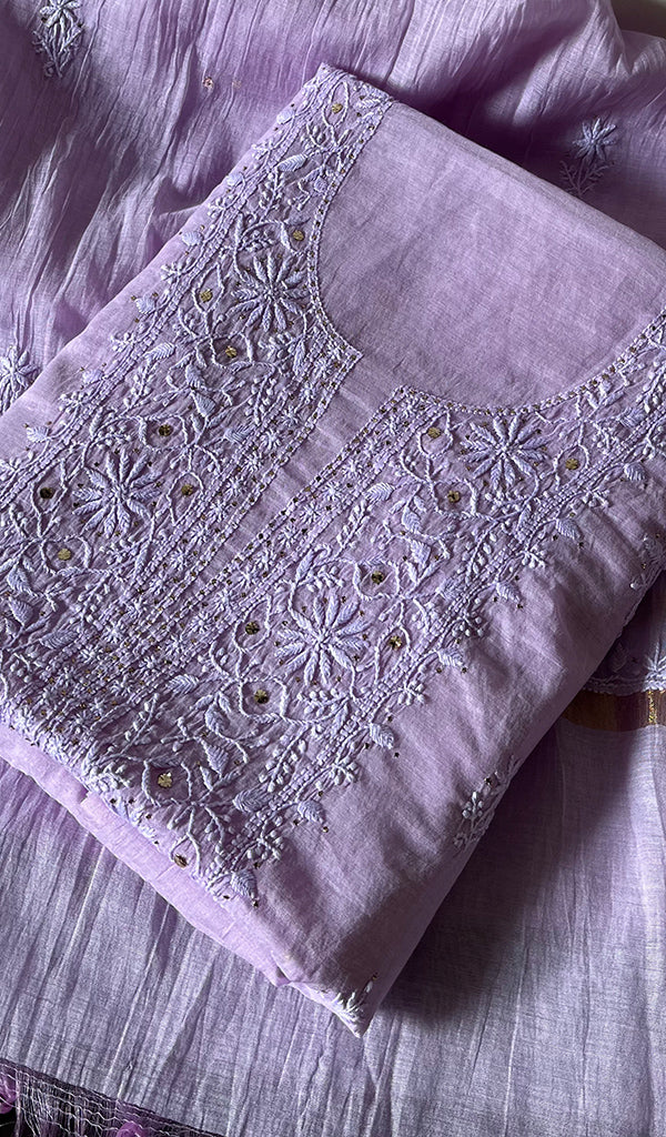 Women's Lakhnavi Handcrafted Mul Chanderi Chikankari Full Suit Material - HONC0282288