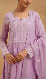 Load image into Gallery viewer, Women's Lakhnavi Handcrafted Mul Chanderi Chikankari Stitched Kurta, Dupatta And Pant Set - HONC0565464