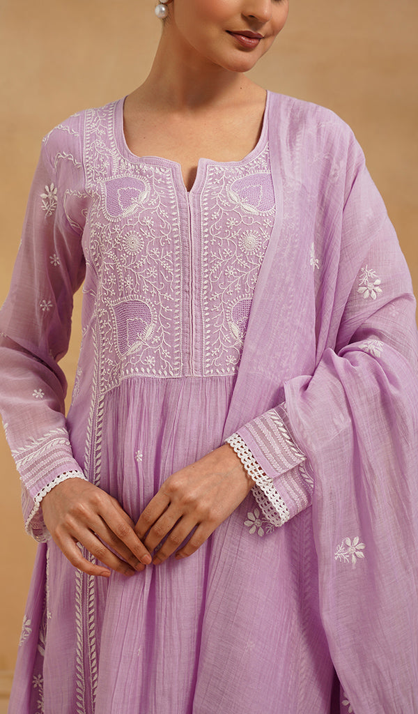 Women's Lakhnavi Handcrafted Mul Chanderi Chikankari Stitched Kurta, Dupatta And Pant Set - HONC0565464