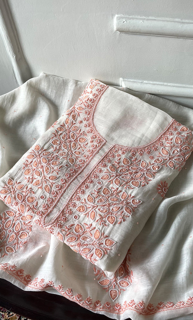 Women's Lakhnavi Handcrafted Unstitchd Mul Chanderi Kurta And Dupatta Set - HONC0317812