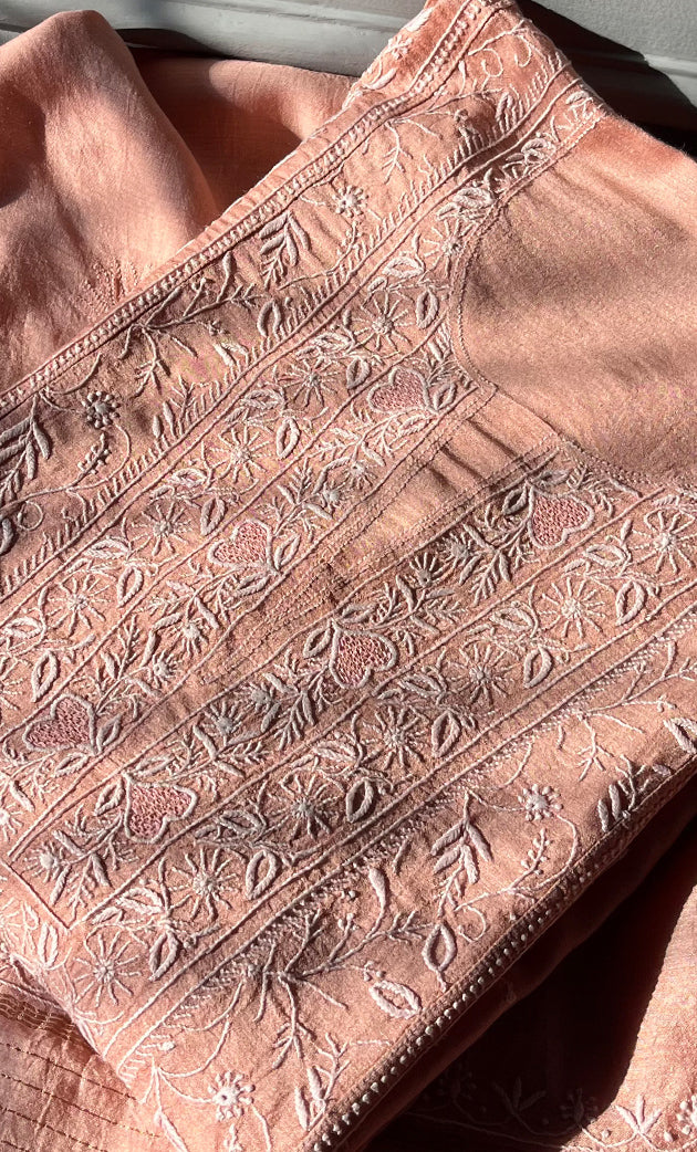 Women's Lakhnavi Handcrafted Munga Silk Semi - Stitched Chikankari Kurta And Dupatta Set- HONC0266160