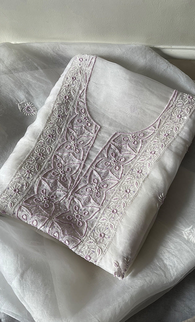Women's Lakhnavi Handcrafted Pure Organza Chikankari Unstitched Kurta And Dupatta Set- HONC0288321
