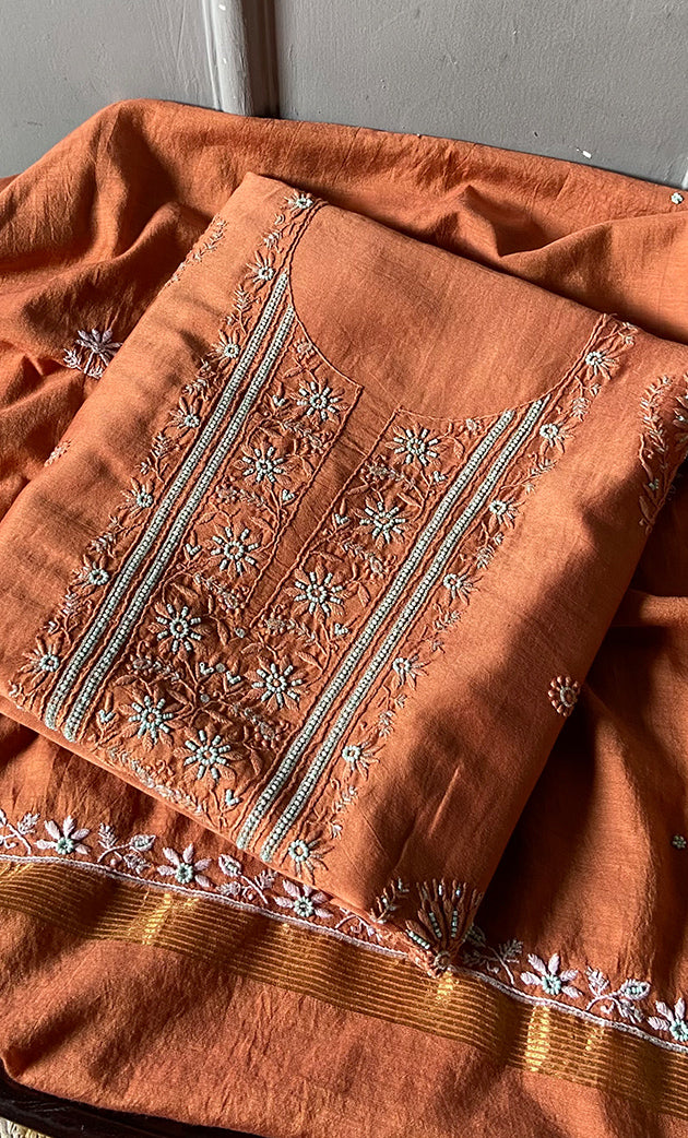 Women's Lucknowi Handcrafted Chanderi Silk Unstitched Chikankari Full Suit Material - HONC018789