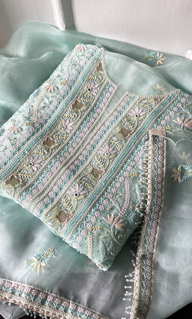 Women's Lakhnavi Handcrafted Pure Organza Chikankari Unstitched Kurta And Dupatta Set- HONC0321452