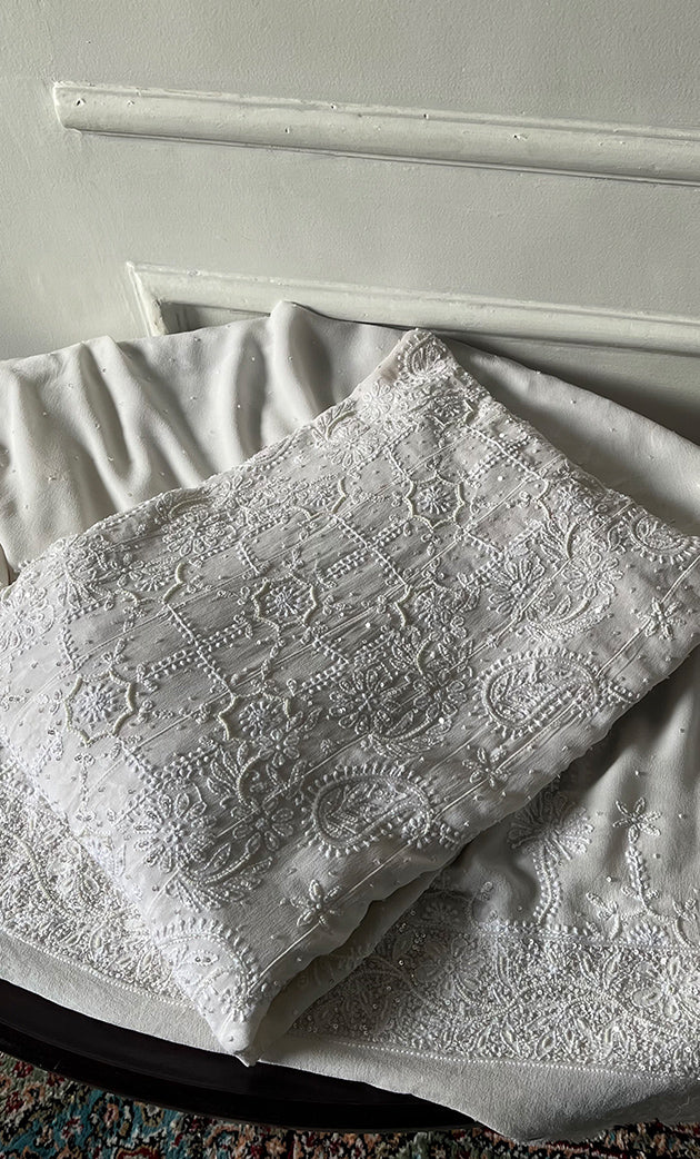 Women's Lakhnavi Handcrafted Pure Silk Georgette Chikankari  Unstitched Anarkali And Dupatta Set- HONC0321064