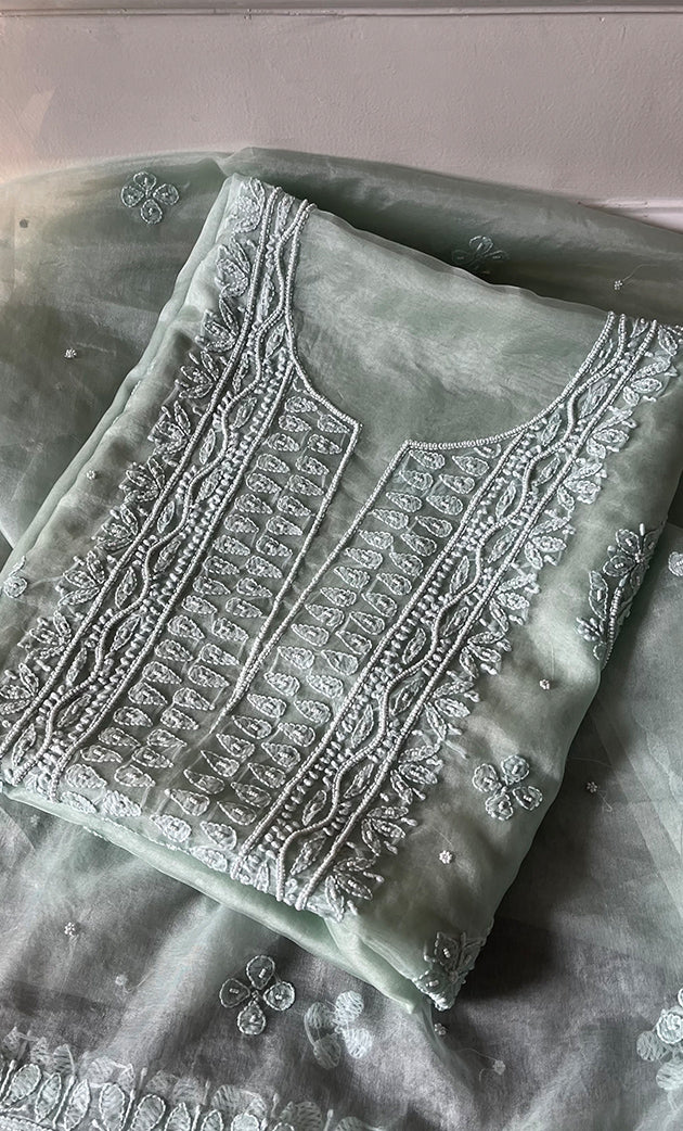 Women's Lakhnavi Handcrafted Organza Chikankari Unstitched Full Suit Material - HONC0287038