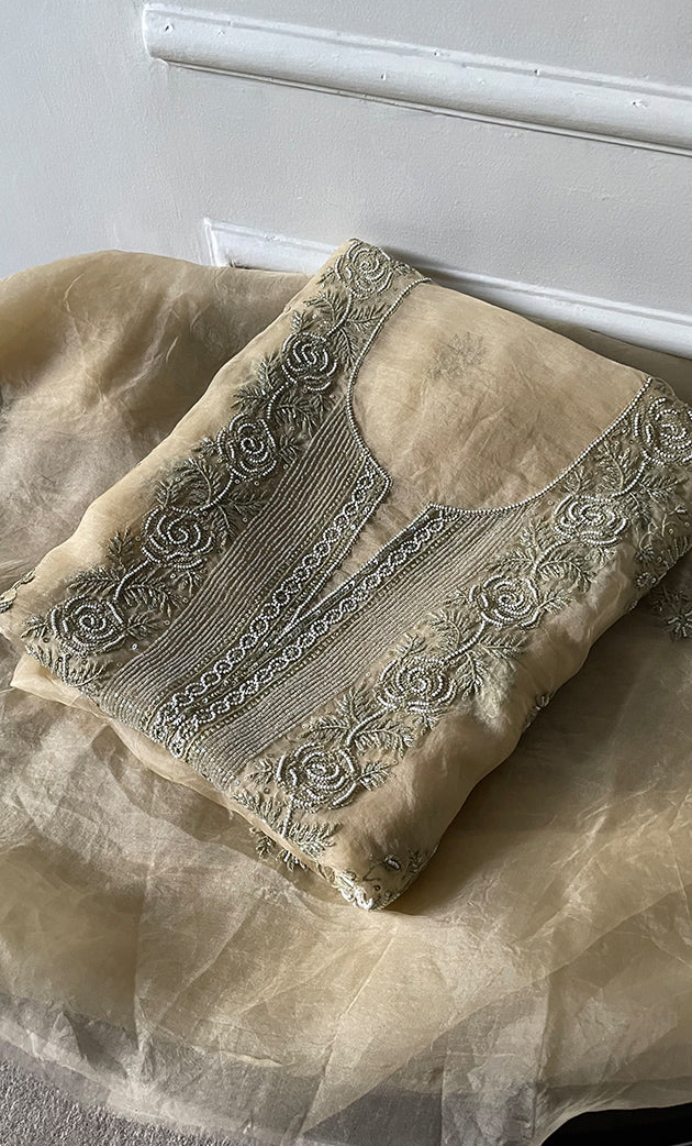 Women's Lakhnavi Handcrafted Pure Organza Chikankari Unstitched Kurta And Dupatta Set- HONC0310183