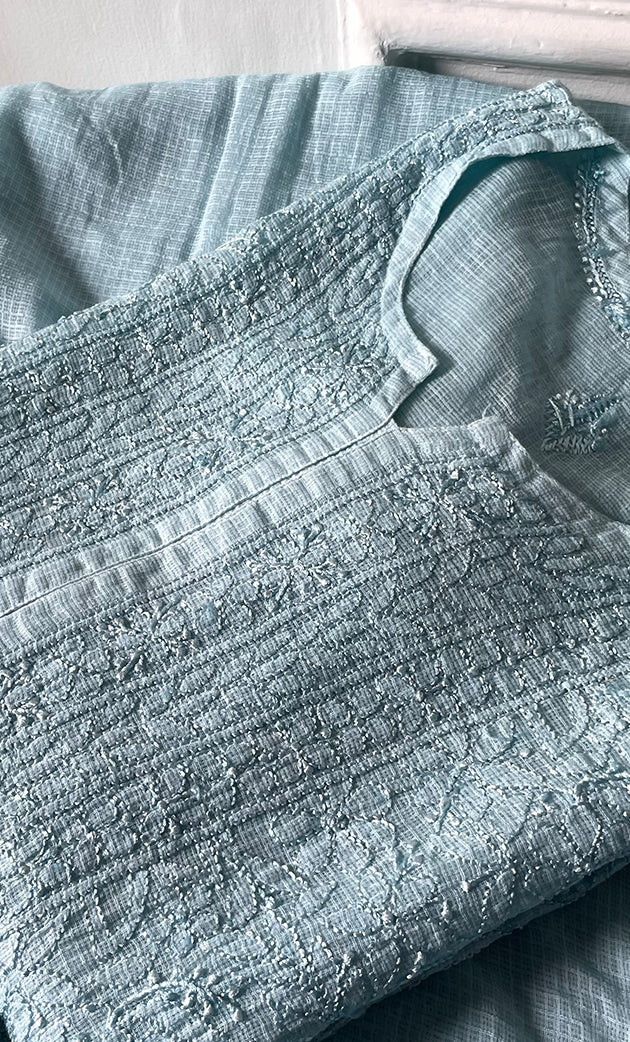 Women's Lakhnavi Handcrafted Kota Cotton Semi - Stitched Kurta And Dupatta Set- HONC0314208