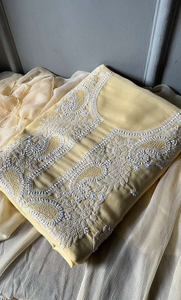 Women's Lakhnavi Handcrafted Unstitched Cotton Chikankari Suit Material - HONC0310526