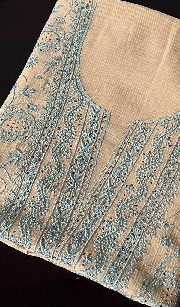 Women's Lakhnavi Handcrafted Maheshwari Mul Chanderi Chikankari Unstitched Kurti Fabric - HONC0209621