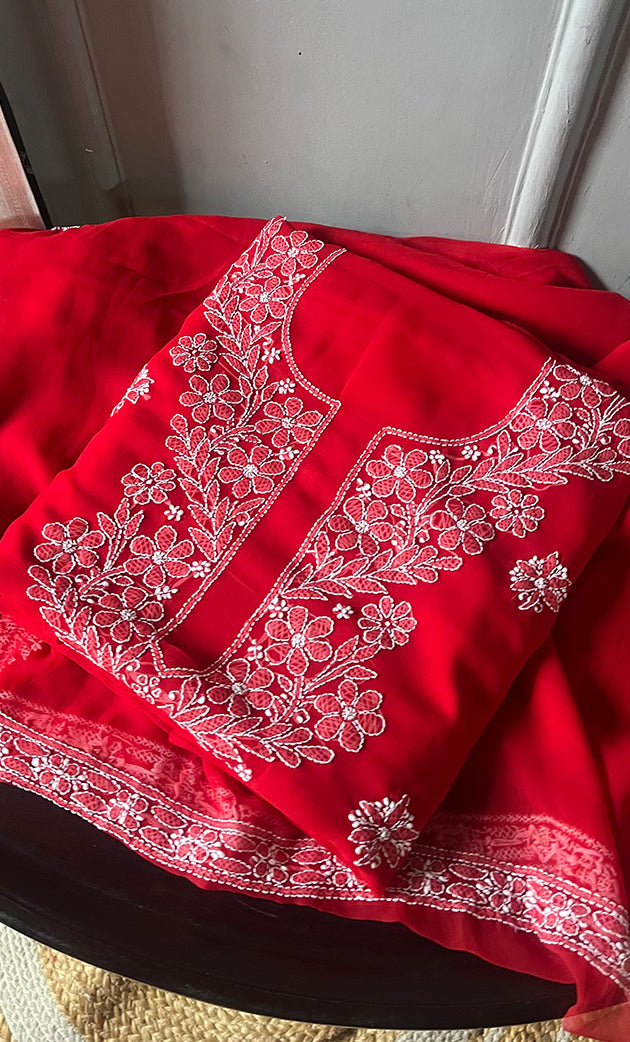Women's Lakhnavi Handcrafted Unstitched Faux-Georgette Chikankari Suit Material - HONC0311924