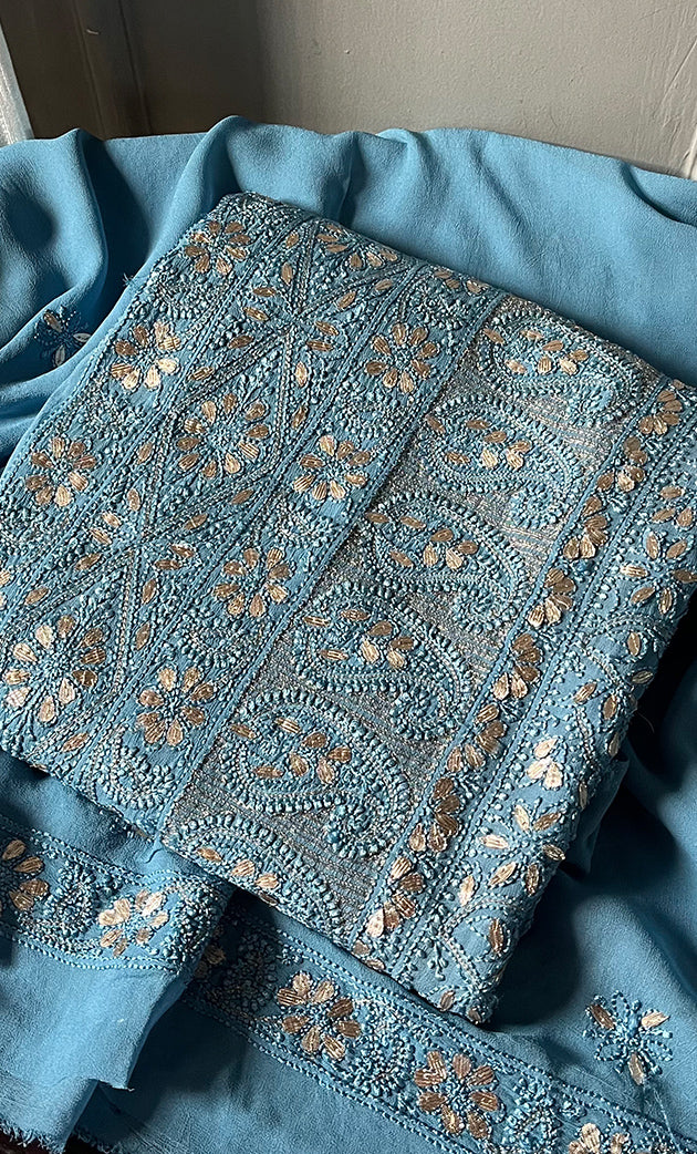 Women's Lakhnavi Handcrafted Viscose Georgette Chikankari Full Suit Material - HONC0277001