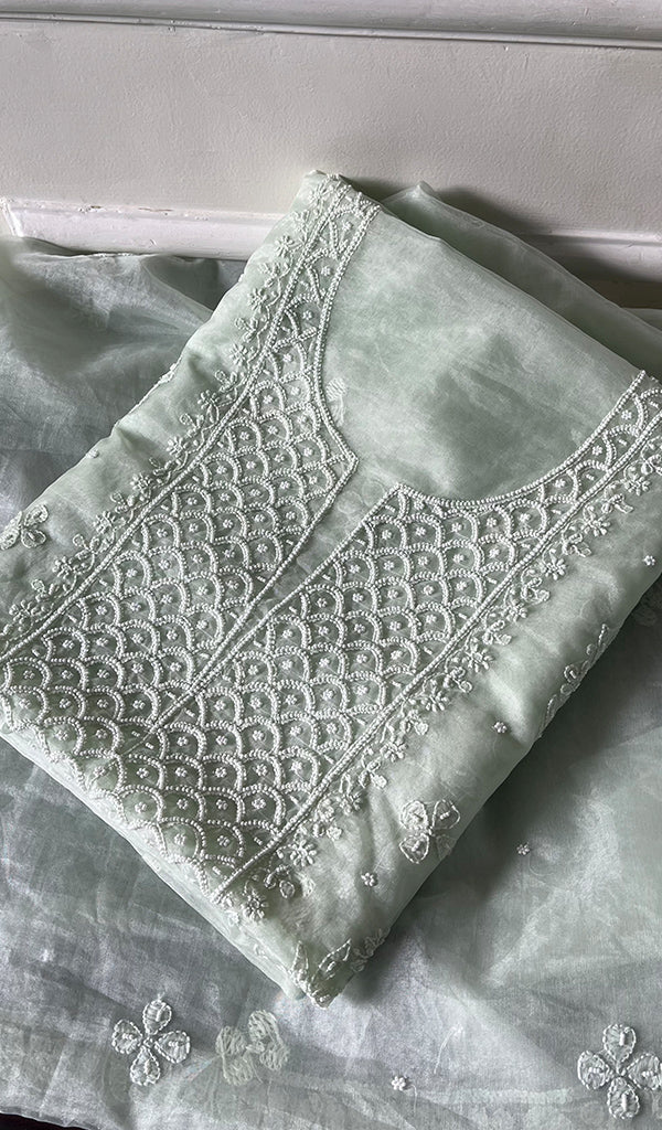 Women's Lakhnavi Handcrafted Organza Chikankari Unstitched Full Suit Material - HONC02712100