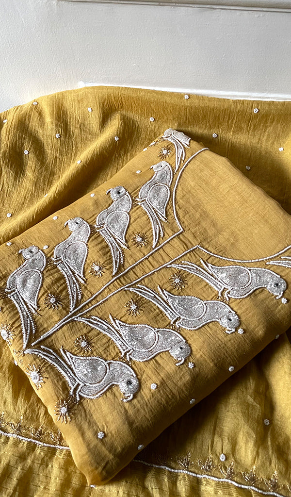 Chidiya Women's Lakhnavi Handcrafted Mul Chanderi Unstitched Chikankari Full Suit Material - HONC0320726