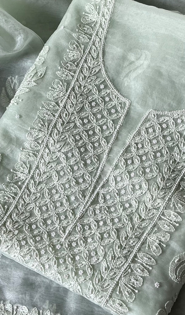 Women's Lakhnavi Handcrafted Organza Chikankari Unstitched Full Suit Material - HONC0271210