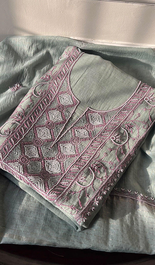 Women's Lakhnavi Handcrafted Mul Chanderi Unstitched Kurta And Dupatta Set - HONC0287727