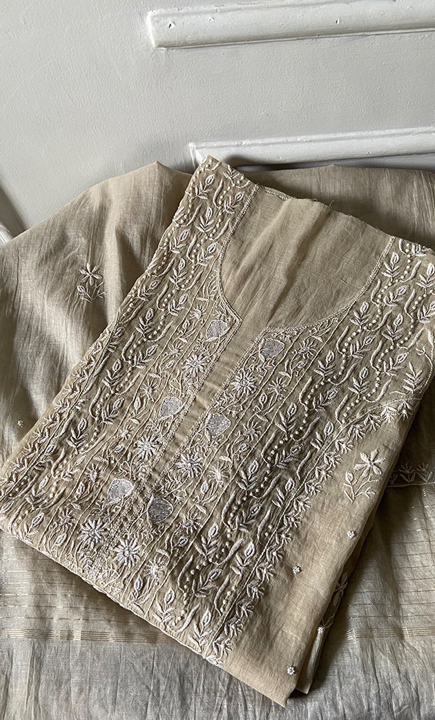 Hana Women's Lakhnavi Handcrafted Mul Chanderi Semi - Stitched Kurta And Dupatta Set - HONC0295395