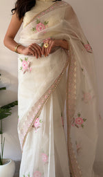 Load image into Gallery viewer, Zunaira Women's Lucknowi Handcrafted Pure Organza Silk Chikankari Saree - HONC0379177