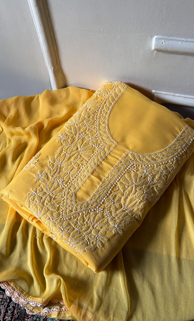 Women's Lakhnavi Handcrafted Unstitched Cotton Chikankari Suit Material - HONC0316591