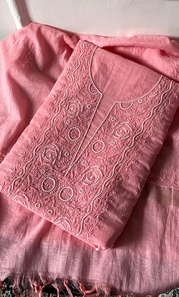 Women's Lakhnavi Handcrafted Mul Chanderi Unstitched Chikankari Full Suit Material - HONC0314658