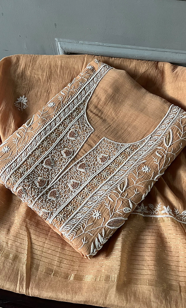 Women's Lakhnavi Handcrafted Mul Chanderi Unstitched Kurta And Dupatta Set - HONC0283165